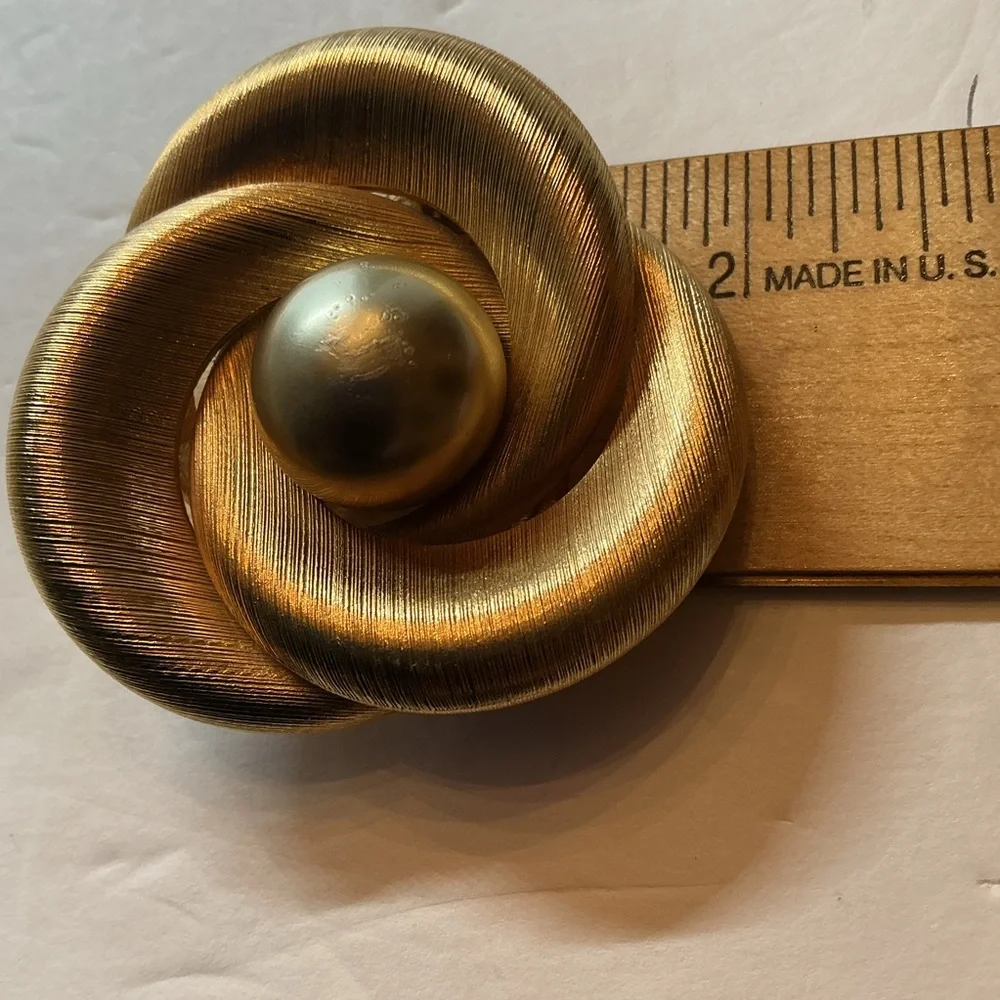 Vintage Gold Tone Brooch Lot Faux Pearl Flower & Textured Knot One Signed Monet